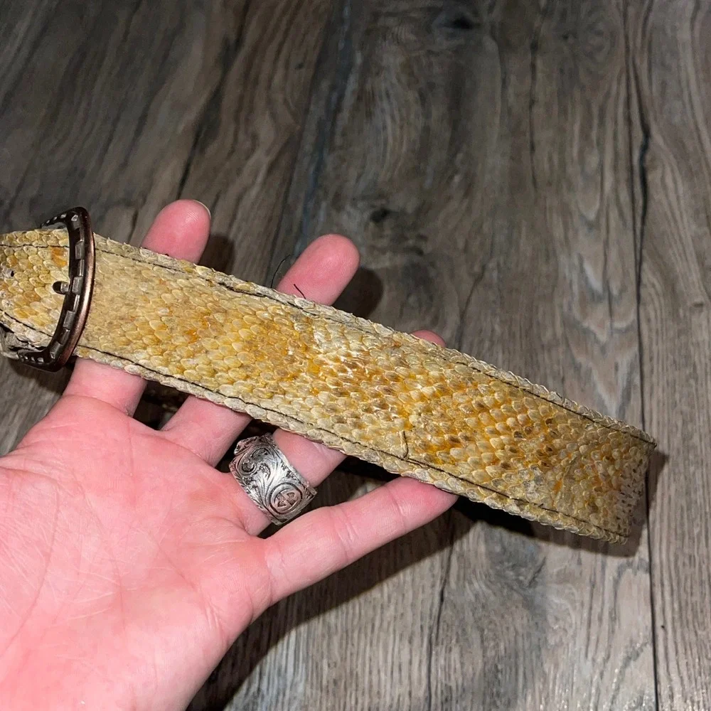 Kids Vintage Snakeskin Print Belt Western Horseshoe Buckle Tan Brown AS IS OLD